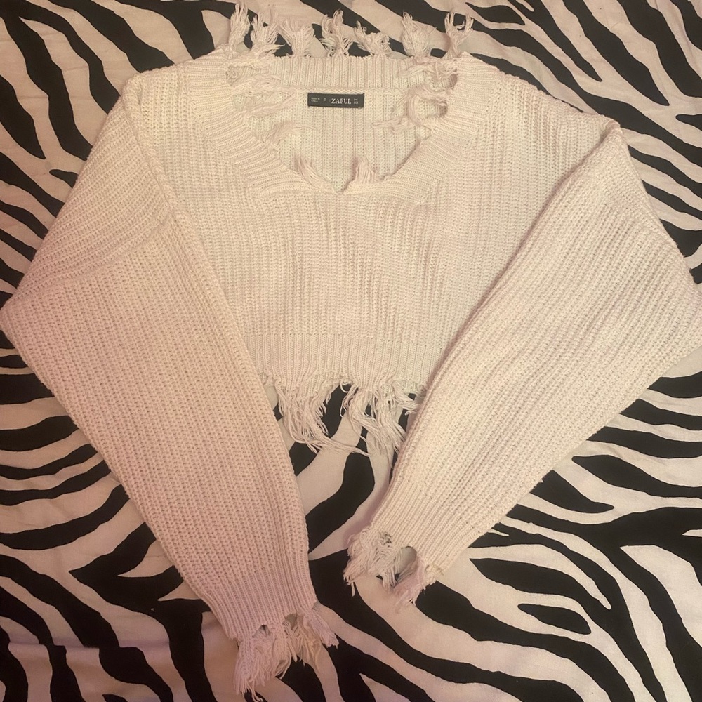 Zaful White cropped fringe sweater